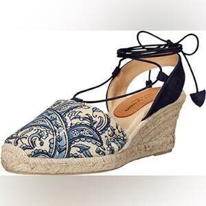 Patricia Green Patti Paisley Blue Sandal Espadrille Wedge Wrap Tie Ankle Size 39